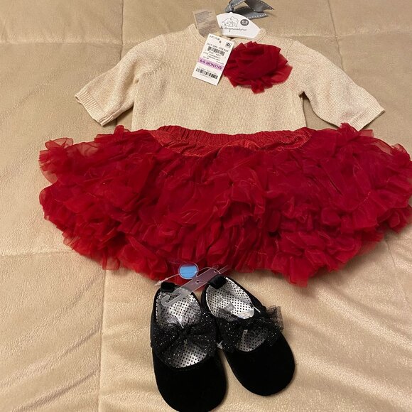 First Impressions/Carter's Other - First Impressions Baby Girl Sweater/Ruffled Skirt & Black Velvet Shoes